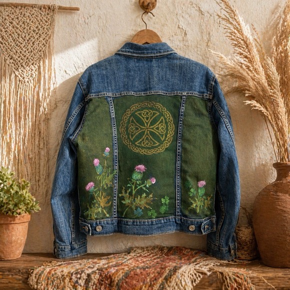 Levi's Jackets & Blazers - Levi's Trucker Jean Jacket Women L Blue Hand Painted Boho Graphic Celtic Cross